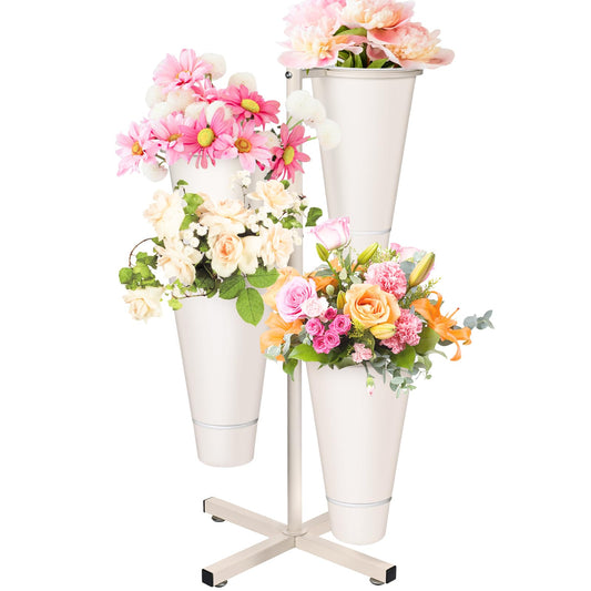 Flower Display Stand with Buckets, Metal Flower Bar Stand Rustic Farmhouse Florist Bouquet Holder Flower Cart Display Shelf for Outdoor Patio Garden Wedding Decor (Round)
