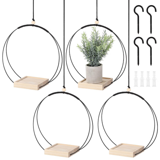 Tressify 4 Pcs Hanging Plant Holder with Wooden Base, Metal Circle Planter, Ceiling Hooks for Small Pots, Macrame, Indoor Outdoor