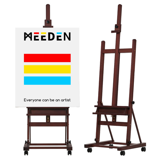 MEEDEN Easel Stand for Painting and Display, Adjustable H Frame Floor Art Easel for Drawing, Heavy Duty Beech Wood Hold Canvas up to 146", 4 Wheels & Storage Tray - Professional for Sign, Studio