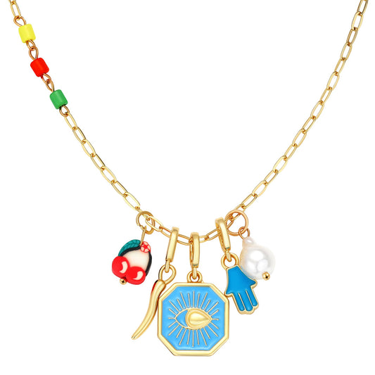BONJOULRY Charm Necklace for Women Dainty Gold Evil Eye Pendant Protection Necklace Paperclip Chain Italian Horn Hamsa Hand Pearl Charms Necklaces Trendy Jewelry Blue