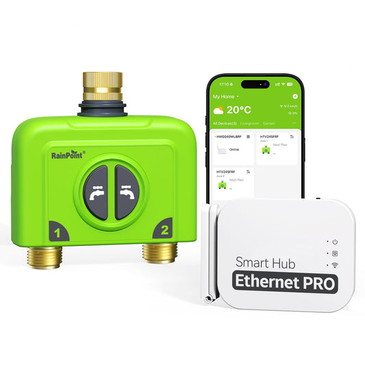 RAINPOINT WiFi Water Timer for Garden Hose, 2 Zone WiFi Sprinkler Controller, Smart Hose Timer Valve, Automatic Drip Irrigation System/Rain Delay for Garden (Brass Inlet & Outlet, Ethernet Gateway)