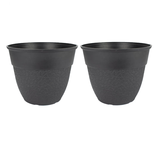 The HC Companies Brookhaven Decorative Round Planter - Lightweight Premium Resin Plant Pot with a Stonelike Texture for Indoor Outdoor Use (16 Inch Black, Pack of 2)