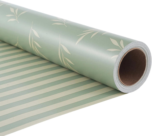 ZINTBIAL Reversible Gift Wrapping Paper Roll - Light Green & Beige Leaves Design - 17.5" x 33' (48 sq. ft.)