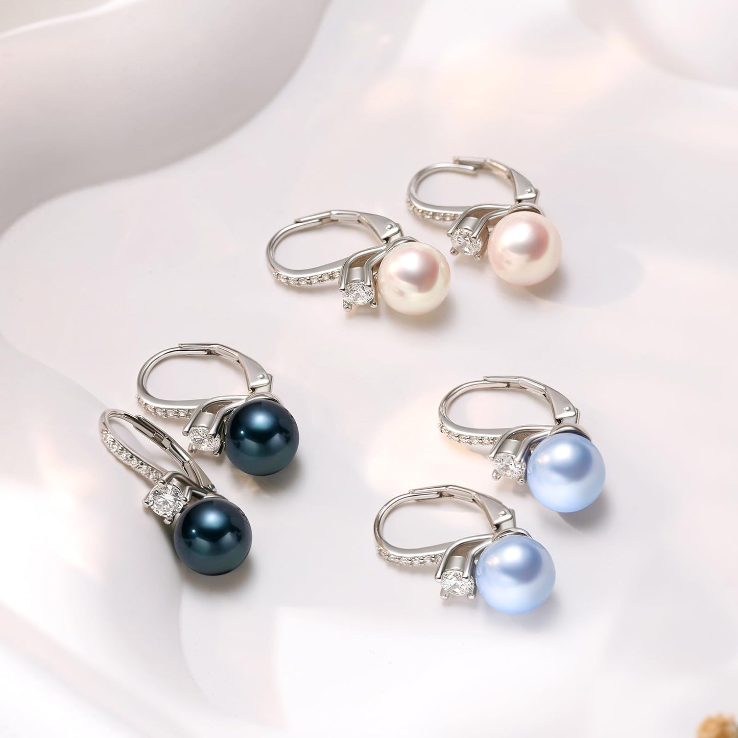 BAMIKI Pearl Drop Dangle Earrings 925 Sterling Silver Cubic Zirconia Leverback Earrings, 8MM Round Freshwater Cultured Pearls Jewelry Gifts for Women Wife Mother