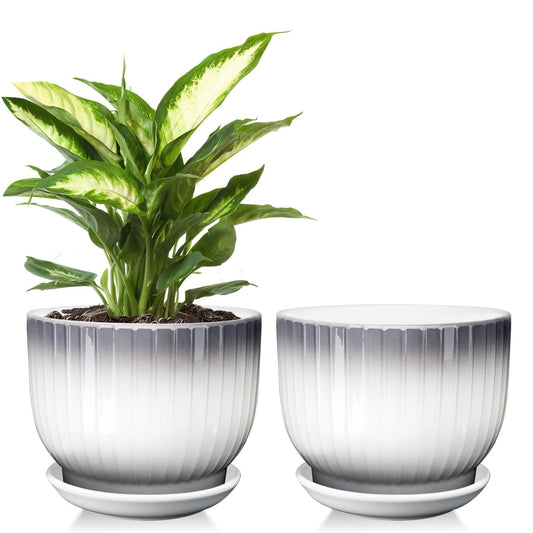 YUFDA Ceramic Plant Pots,6.7 Inch,Set of 2,Planters with Drainage Hole and Saucer,Flower pots for Indoor Plants,Modern Design(Gray+White)