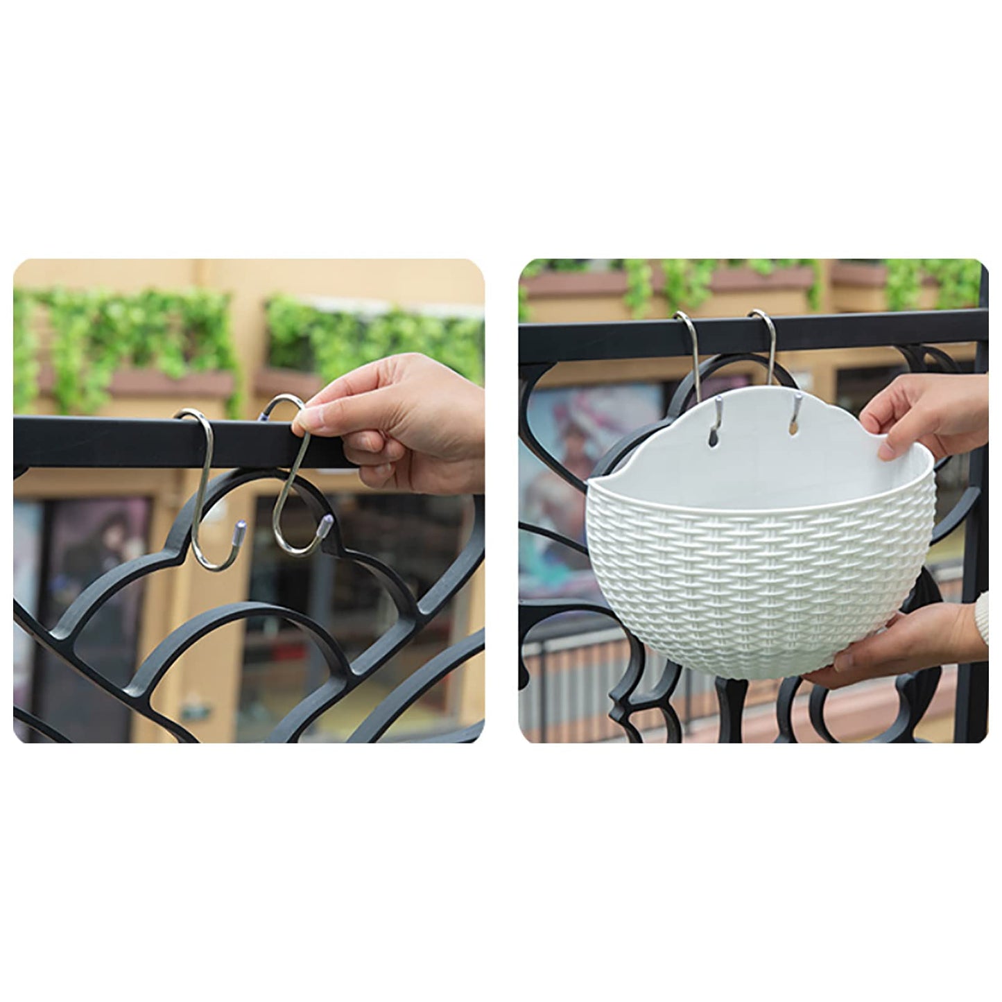 Hanging Planter Pot, Wall and Railing Hanging Planters with S Hooks, Half Round Imitation Rattan European Style Wall Flowerpot Rustic Decorative Flower Basket for Home Balcony Garden(#21*16.5cm Green)
