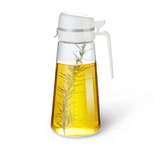 Meterga Auto Flip Glass Olive Oil Dispenser, Clear Glass Bottle with Scale, Dispenser for Kitchen, Olive Oil Cruet | 29oz
