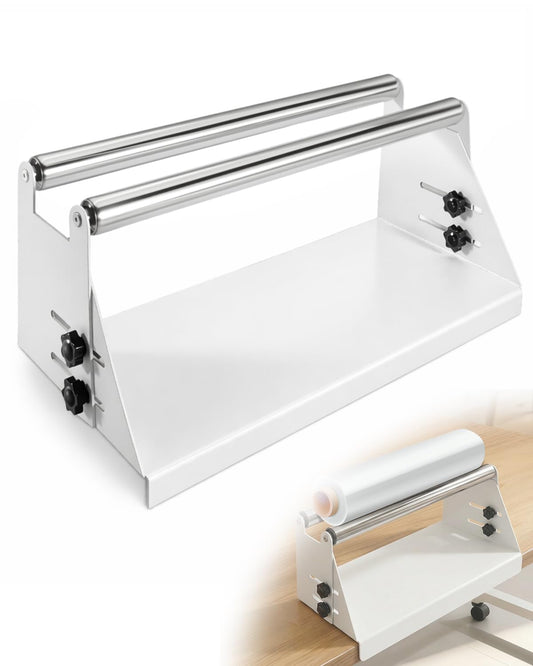 NEQXFQ Vinyl Roll Holder Storage Rack, Heavy Duty Metal Media Organizer for Wallpaper Window Film Transfer Paper Tape Rolls, Double Layer Drum Rod Display Stand White
