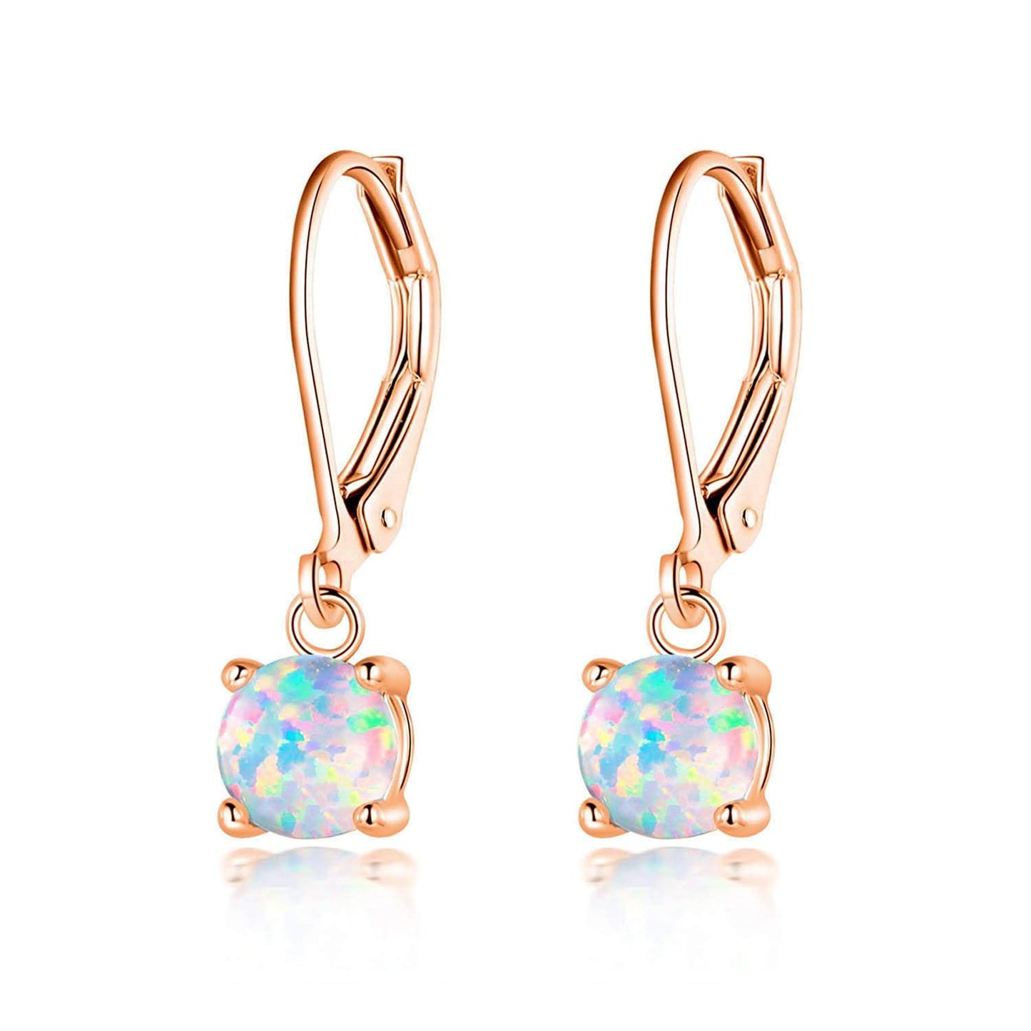 CiNily Rose Gold Plated Opal Drop Earrings,Leverback Hypoallergenic Dangle Earrings for Women Round-Cut Gemstone Opal Jewlery Gift