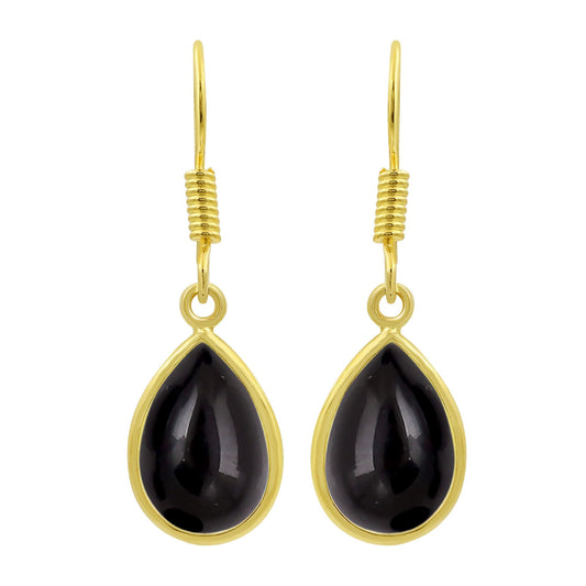 14K Yellow Gold Plated Natural Black Onyx Dangle Earrings for Women - July Birthstone Black Gemstone Teardrop Shape Earrings - Handmade Gifts for Her Mom Sister