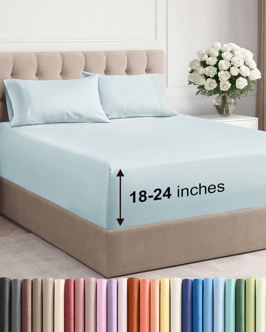 Skiennix Extra Deep Twin XL Sheet Set | 4-Piece Breathable Cooling Bedding - Soft, Wrinkle-Free Ice Blue