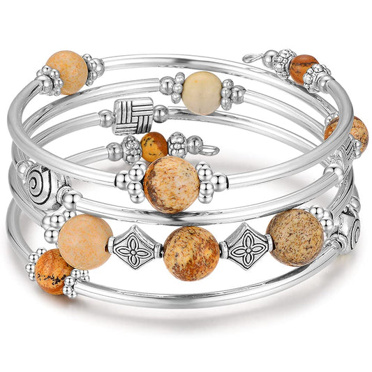 Beaded Pearl Bangle Wrap Bracelet - Fashion Bohemian Jewelry Multilayer Charm Bracelet with Thick Silver Metal Beads, Gift For Women(Picture Stone)