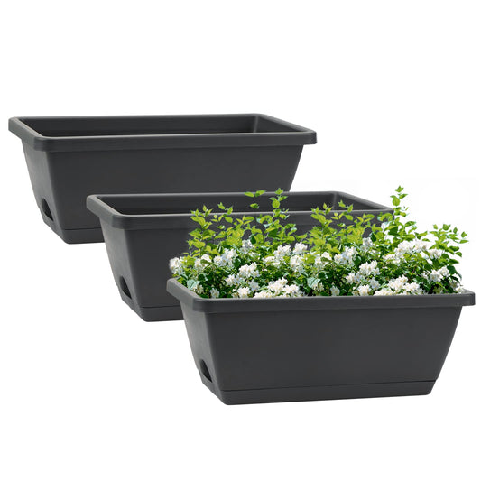 GREANER Rectangular Window Boxes with Trays, 3 Packs Modern Vegetable Planters, 13.8Inch Plastic Flower Boxes Container for Windowsill, Patio, Garden, Balcony, Porch, Indoor and Outdoor Use, Black