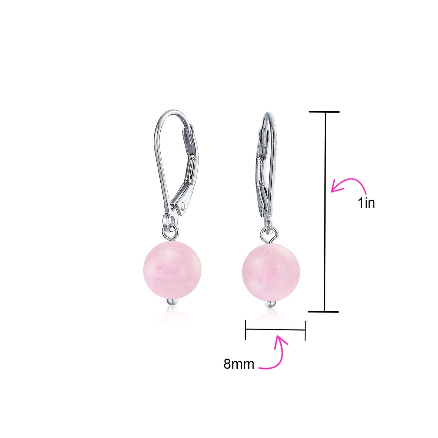 Bling Jewelry Timeless .925 Sterling Silver Pink Rose Quartz Bead 8mm Ball Drop Earrings Lever Back Genuine Gemstone October Birthstone