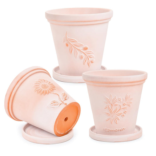 Sungmor Set of 3 Terra Cotta Pots with Saucer & Drainage Hole, 8 Inch Large & Deep Clay Pots, Unique Embossed & Pretty Color Pottery Planters for Plants Orchid Cactus Succulent
