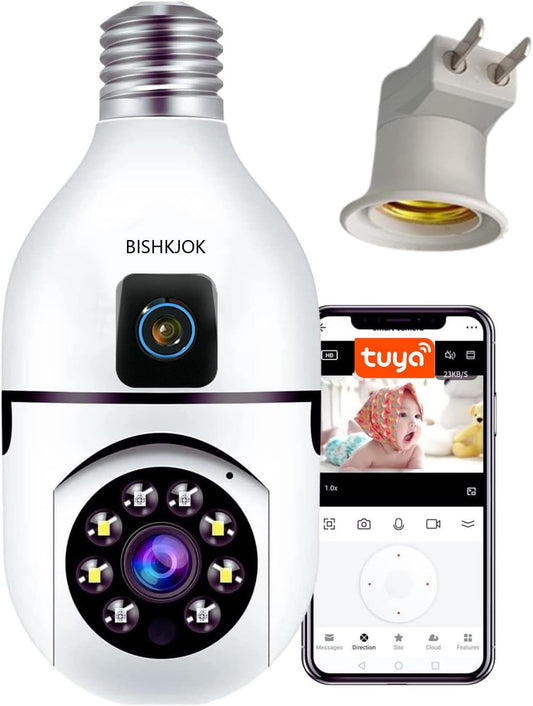 BISHKJOK 6MP Bulb 360 2-Way E27 Dual-Lens Light Security Camera, TUYA Indoor Pan/Tilt WiFi Cam with Auto Tracking