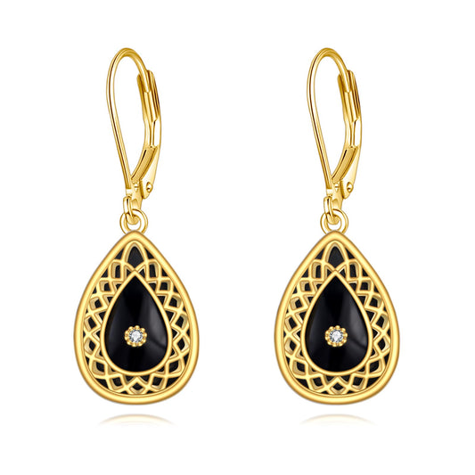 Black Onyx Drop Earrings for Women Sterling Silver 18K Yellow Gold Plated Filigree Black Onyx Dangle Leverback Earrings Jewelry Gifts