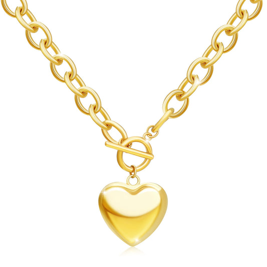 BONJOULRY Chunky Gold Bubble Heart Charm Toggle Necklace for Women, Gold Statement Thick Link Chain Puffy Heart Pendant Choker Necklaces for Women Trendy Jewelry Holiday Gift
