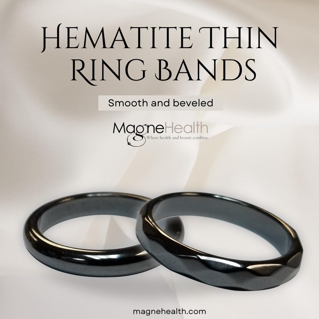 MAGNEHEALTH Hangover Ring, Thin Beveled Magnetic Hematite Band Ring, Hematite Band in Beveled Design for Magnetic Therapy, Acupuncture Ring - Size 9