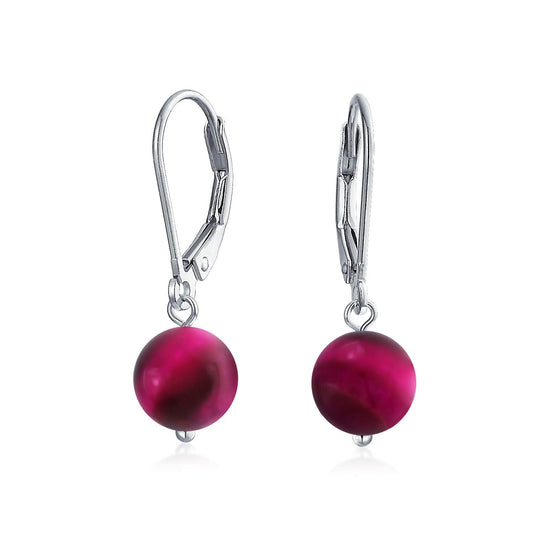 Bling Jewelry Timeless .925 Sterling Silver Pink Fuchsia Tiger-Eye Bead 8mm Ball Drop Earrings Lever Back Genuine Gemstone