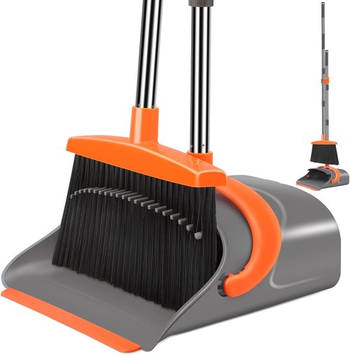 Ivandar Broom and Dustpan Set - Long Handle Combo for Home & Office | Gray & Orange Design