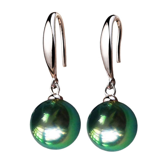 12mm Natural Ocean Pearl Freshwater Cultured Colorful Simulated Beads Drop Dangle Earrings Elegant Birthday Wedding Party Costume Prom Statement Jewelry for Women-green