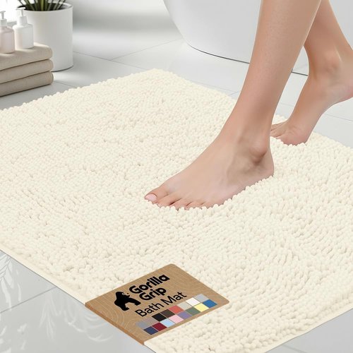 Gorilla Grip Bath Rug Mat - Thick Soft Absorbent Chenille | Quick Dry Microfiber, 24x17, Ivory