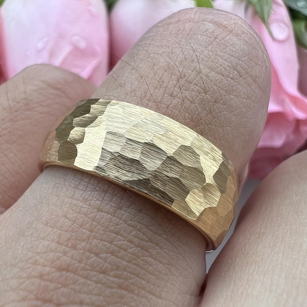 TUTISS 8mm Gold Hammered Tungsten Rings for Men Women Engagement Wedding Bands Domed Matte Finish Comfort Fit Size 14