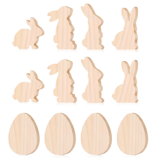 12 PCS 4 Inch Unfinished Wooden Cutouts, Blank Wood Bunny Eggs Shapes for DIY Craft Projects, Table Centerpieces and Signs (Rabbit&Eggs)
