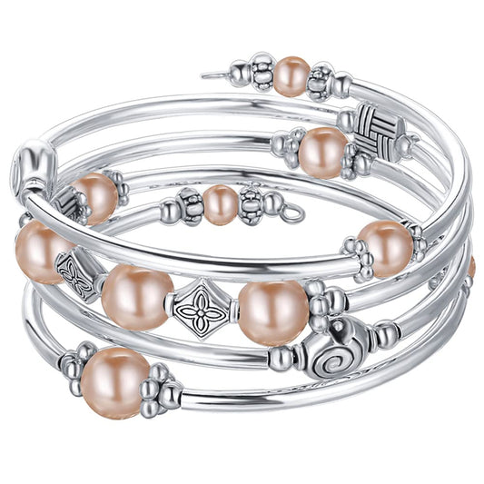 Beaded Pearl Bangle Wrap Bracelet - Fashion Bohemian Jewelry Multilayer Charm Bracelet with Thick Silver Metal Beads, Gift For Women(Champagne)