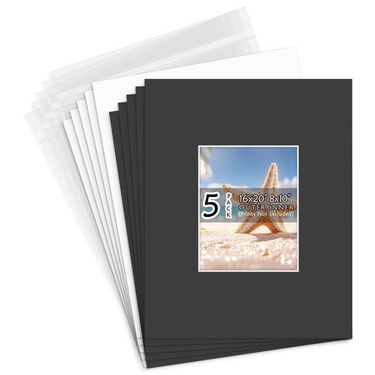 Golden State Art, Acid Free, Pack of 5, 16x20 Black Picture Mats Mattes with White Core Bevel Cut for 8x10 Photo + Backing + Bags