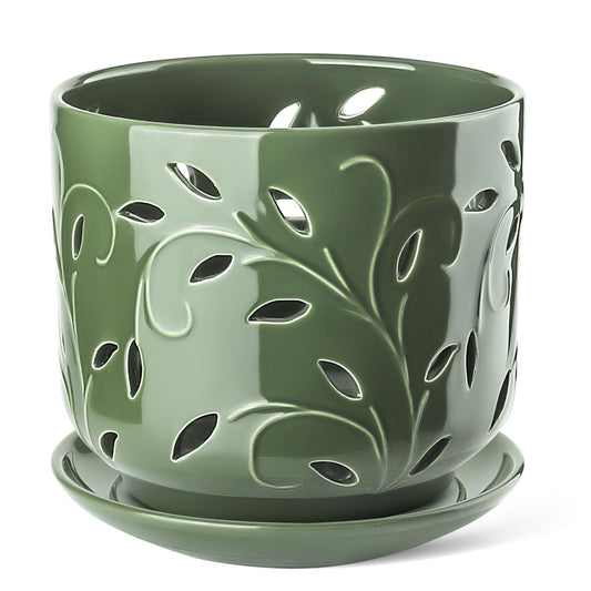 EFISPSS Orchid Pots with Holes, 7 Inch Orchid Pots with Drainage Holes and Tray, Indoor or Outdoor Large Pot for Orchid Care,Durable for Repotting or New Plants - Green