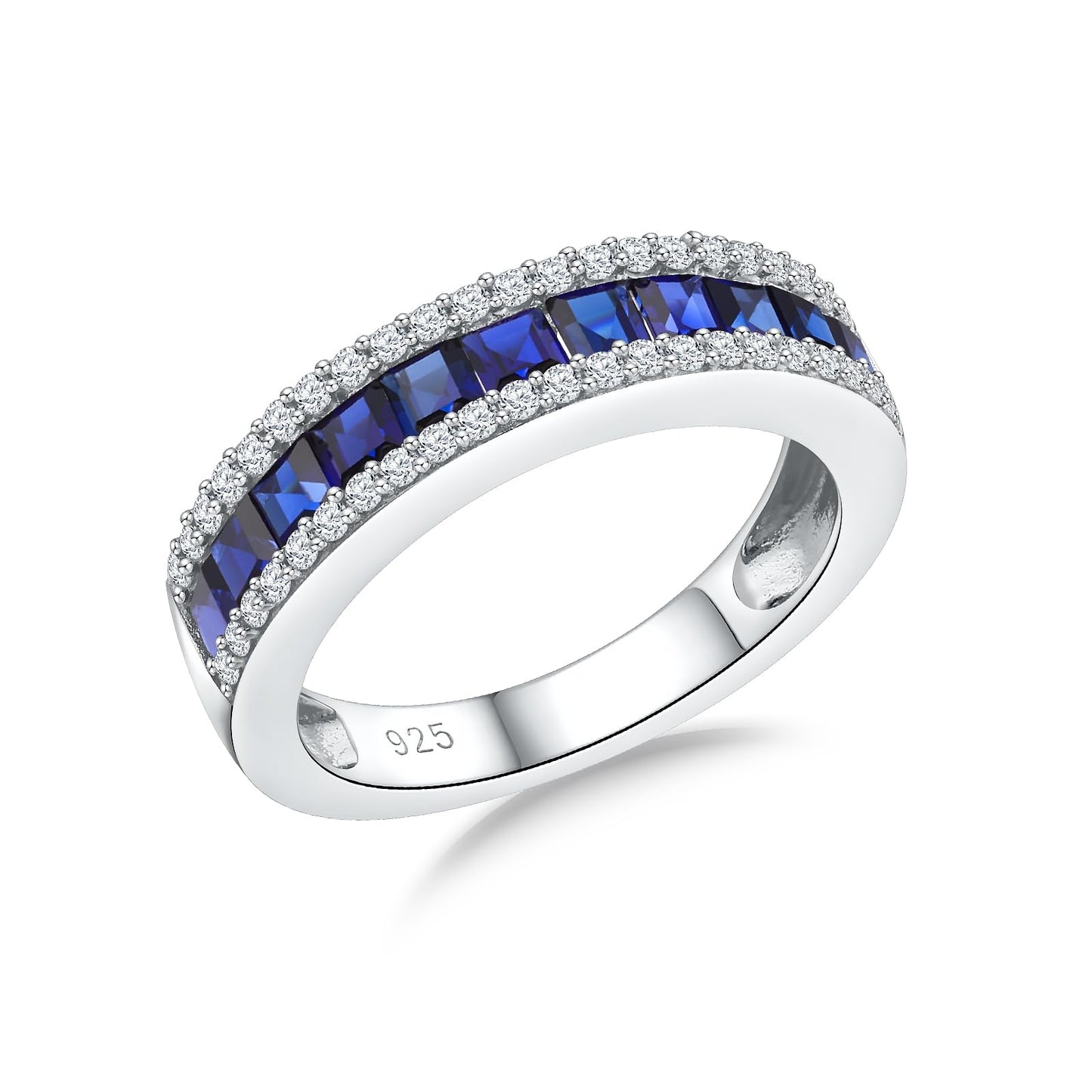 RANDES Blue Sapphire Princess Cut Engagement Rings for Women 925 Sterling Silver Channel Set Half Eternity Wedding Band Ring Size 8