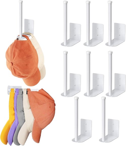 Durmmur Hat Racks - 8 Pack Stainless Steel Baseball Cap Organizer | Strong Adhesive & Wall Drilled, White