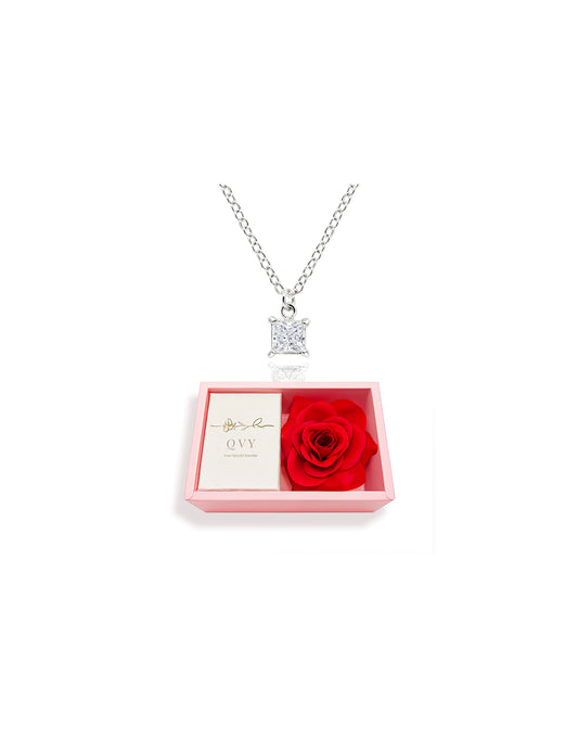 14K Gold Plated CZ Solitaire Necklace for Women • Princess Cut Square Rectangle Rhombus Cubic Zirconia Diamond Pendant Jewelry • Tarnish Free Adjustable Chain [CZN] (Rose Gift Box, Princess-Silver)