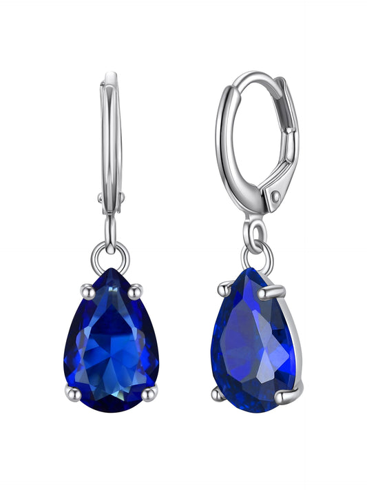 Bestyle 925 Sterling Silver September Birthstone Hoop Dangle Earrings - Clear Created Rectangle Sapphire Crystal Drop Blue Earrings - Trendy Cute Women's Small Hoop CZ Dangle Earrings