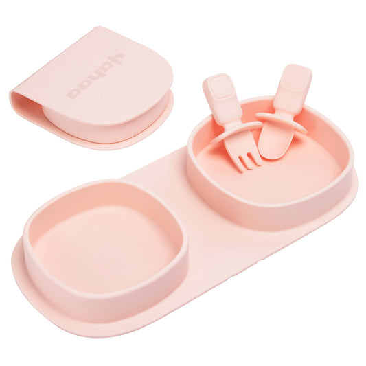 yahaa Silicone Foldable Novelty Dinner Plates, Baby Plates Travel Essential with Forks and Spoons, Microwave & Dishwasher Safe, Blush
