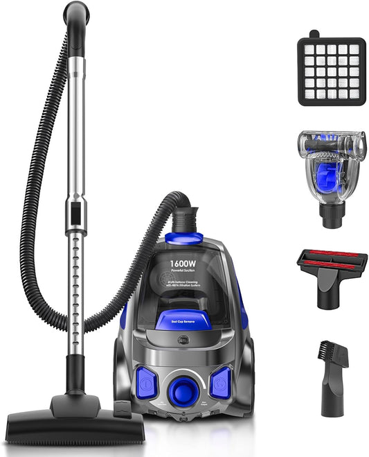 Skiennix Canister Vacuum Cleaner - 40Kpa 1600W Cyclone Power, Lightweight & Bagless | 3.7QT Dust Cup, Blue