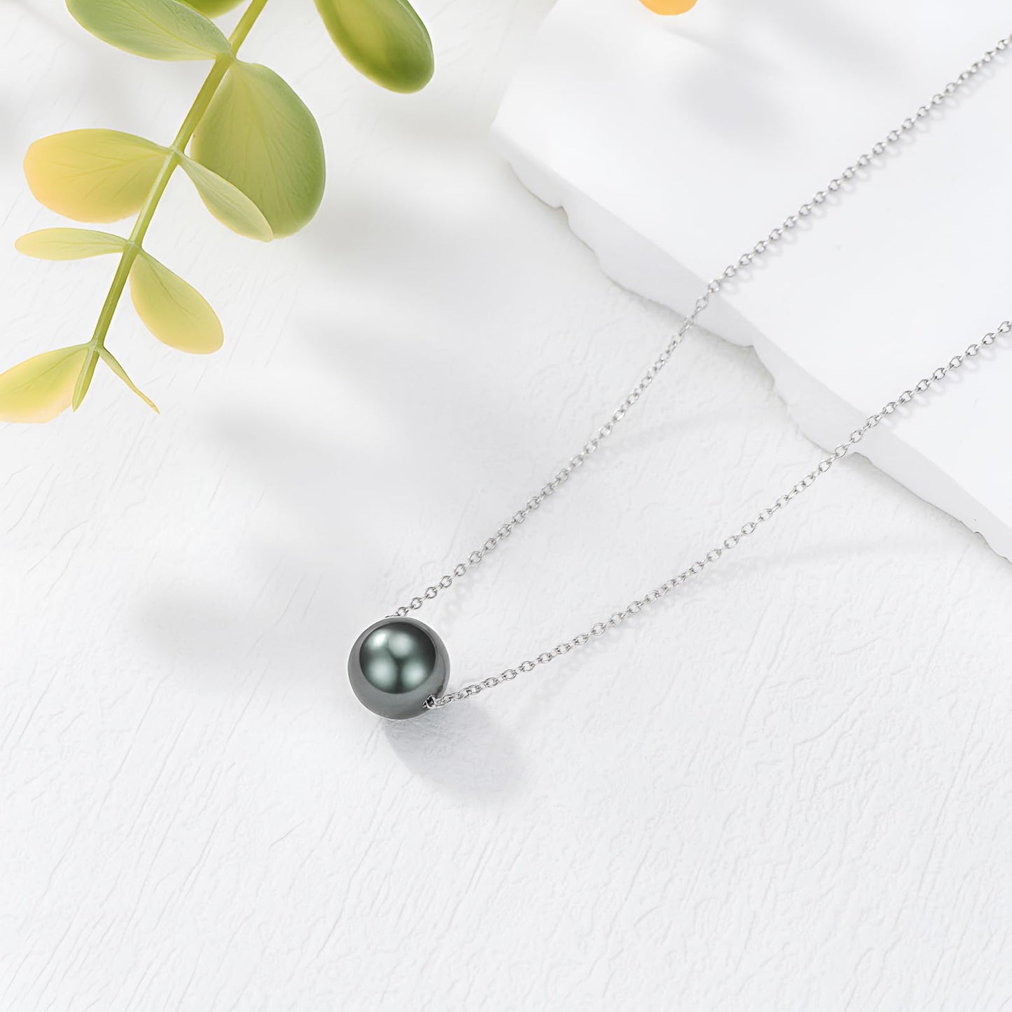 Black Pearl Necklace for Women 9-10mm Tahitian Single Pearl Pendants 18k White Gold Plated Silver 18+2 Inches Gift for Her Style 3