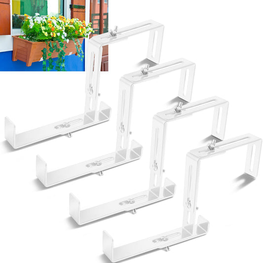 Leinuosen 4 Pcs Adjustable Window Boxes Brackets Planter Box Bracket Heavy Duty Deck Railing Hanging Flower Stand for Windowsill Garden Fence Balcony (White)