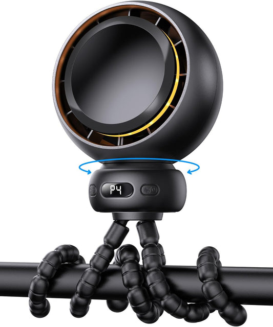 Skiennix Mini Portable Stroller Fan - 60° Auto Oscillation, USB-C Rechargeable, 4 Speeds, Night Light & Flexible Tripod (Black)