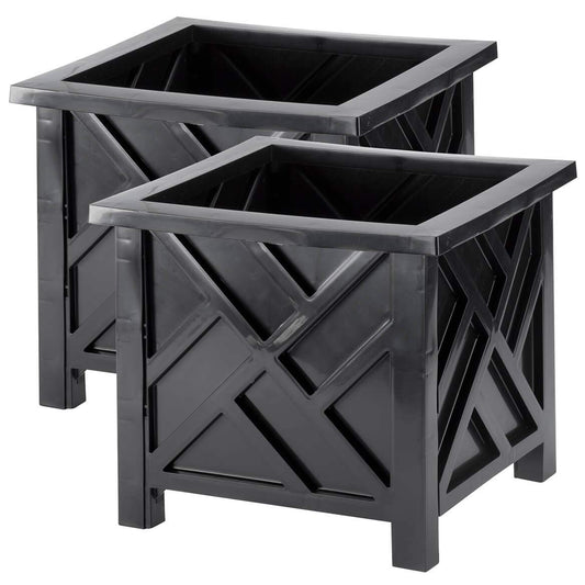 Miles Kimball Set of 2 Chippendale Planter Boxes, Black, Outdoor Décor – Plant Holder for Garden, Patio and Lawn, Weather-Resistant Polypropylene – 14 ¾” sq. x 13 ¼ H Overall