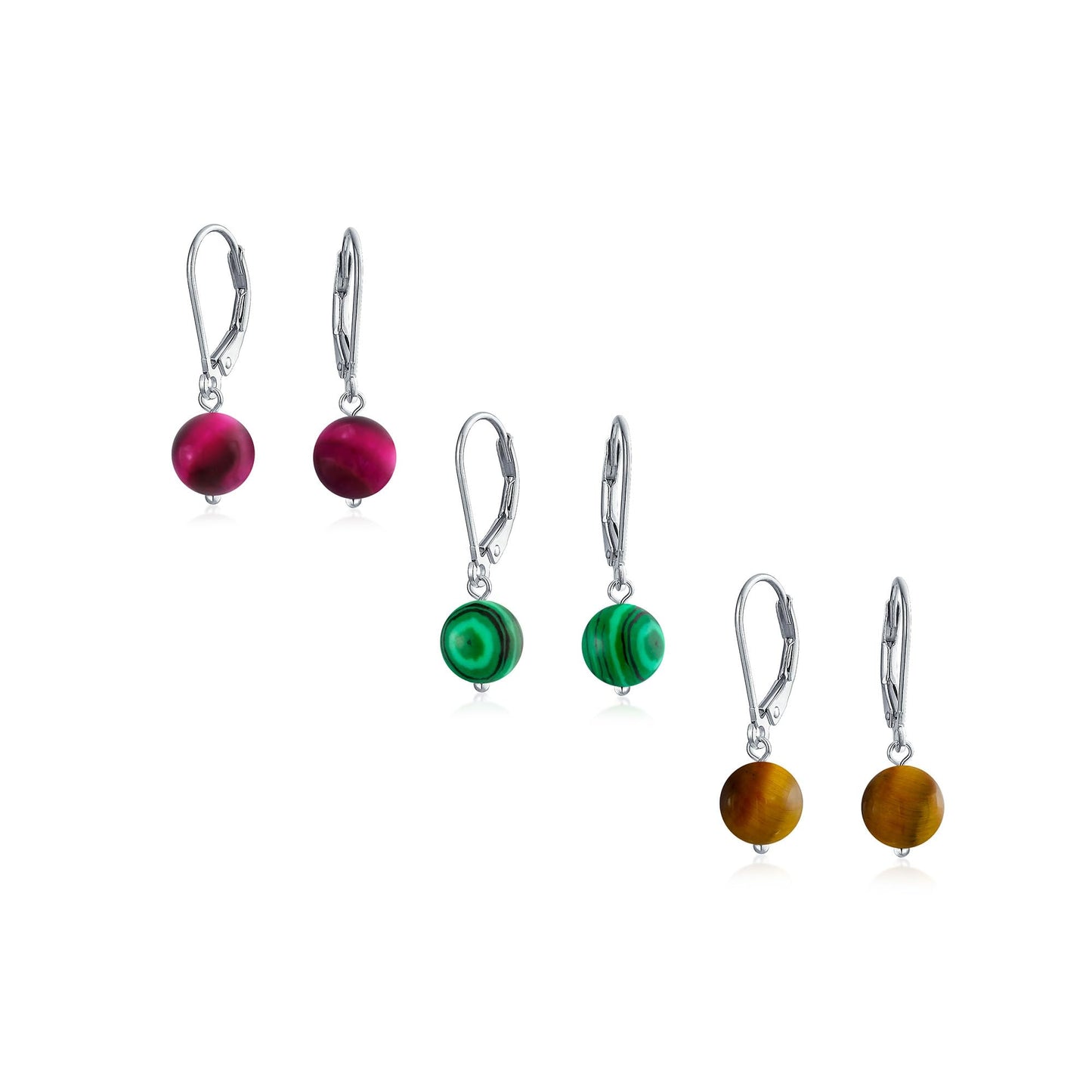 Bling Jewelry Timeless .925 Sterling Silver Brown Tiger-Eye and Dark Green Malachite Bead 8mm Ball Drop Earrings Secure Lever Back Genuine Gemstone (Set of 3)