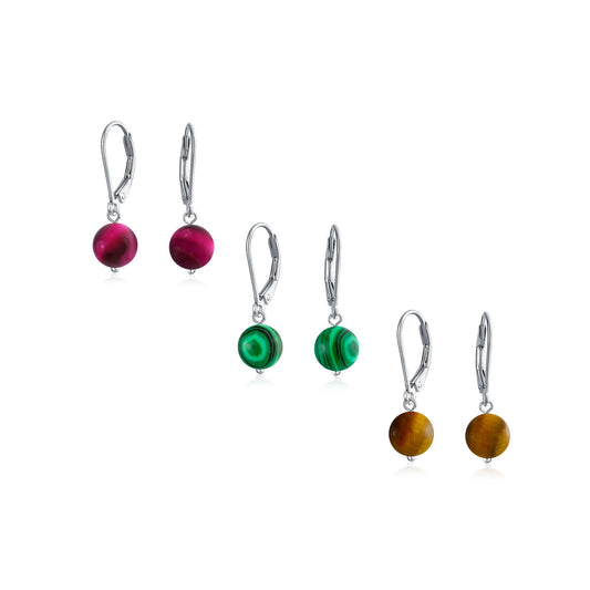 Bling Jewelry Timeless .925 Sterling Silver Brown Tiger-Eye and Dark Green Malachite Bead 8mm Ball Drop Earrings Secure Lever Back Genuine Gemstone (Set of 3)