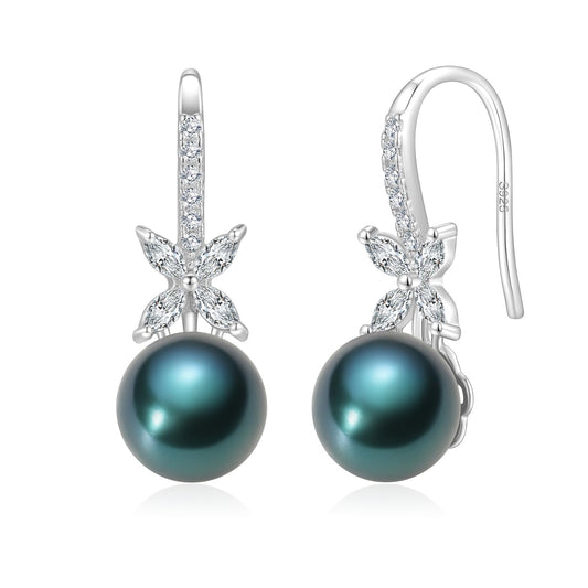 BAMIKI Pearl Drop Earrings for Women - 925 Sterling Silver 18k Gold Plated Hypoallergenic Round Black Saltwater Cultured Pearls Ear Hook Earrings with Cubic Zirconia Jewelry Gifts for Mother Wife