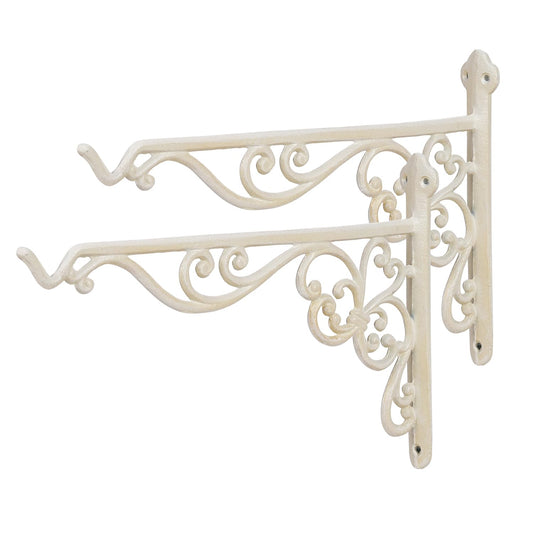 Sungmor Decorative Cast Iron Hanging Bracket - 15.6" Thickened Outdoor Metal Plant Hangers, Vintage Scroll Design for Signs, Planters, Lanterns, Bird Feeders - 2 Pack Heavy Duty Wall Hooks, White