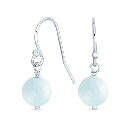 Bling Jewelry Timeless .925 Sterling Silver Blue Aquamarine Bead 8mm Ball Drop Earrings Fish Hook Genuine Gemstone December Birthstone