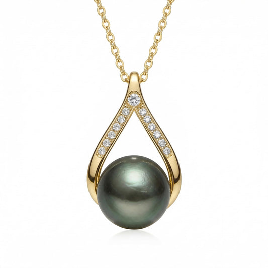 14K Gold Tahitian Black Pearl Necklace, 9-10MM Natural Black Pearl-Moissanite Pendant with 18+2 Inch Chain, Mother's Day Valentine's Gift for Her Wife Mom Girlfriend
