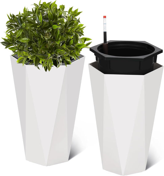ExploreHorizon 22.4 Inch Tall Tapered Planters Set of 2, Large Indoor Outdoor Flower Pots with Wheels Water Level Monitor & Trays for Patio Balcony Lounge
