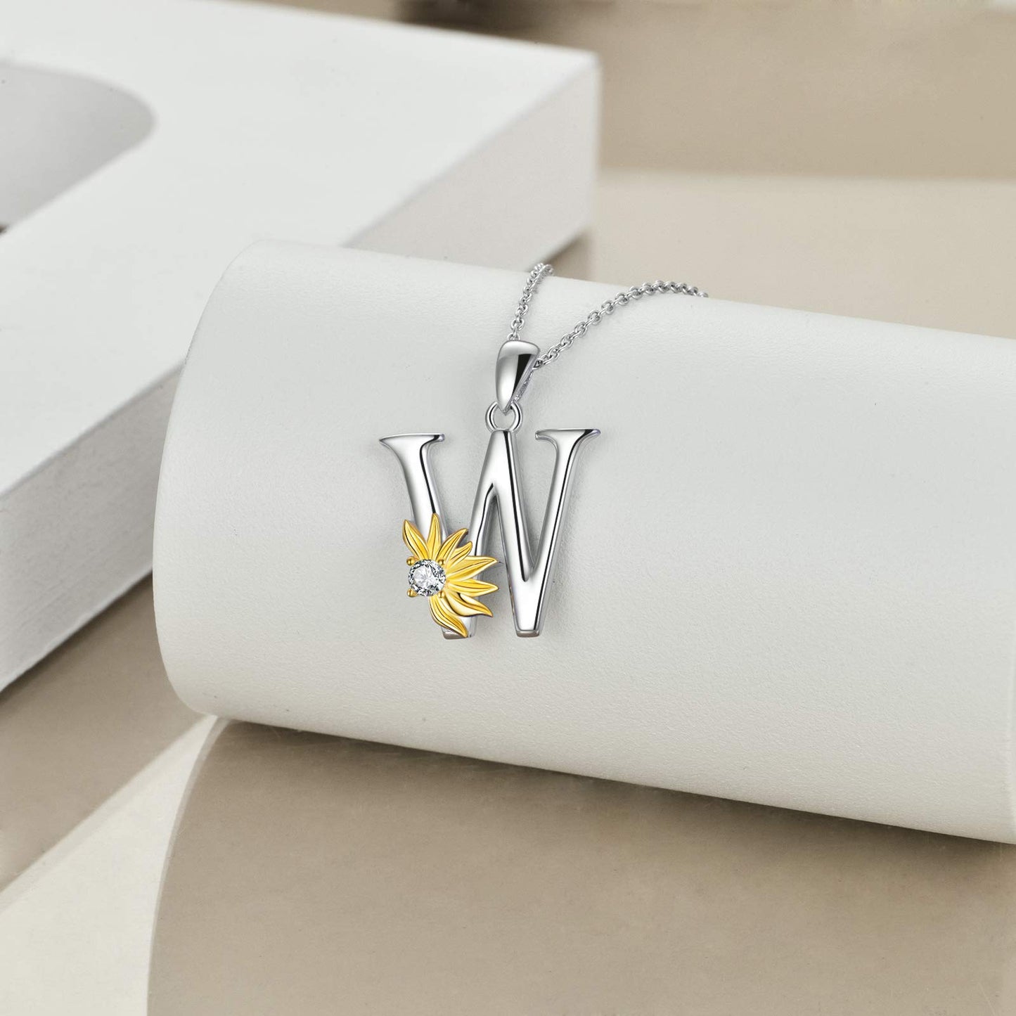 POPLYKE Sterling Silver Initial Alphabet Letter Script Name Pendant Chain Necklace for Women for (Sunflower W)